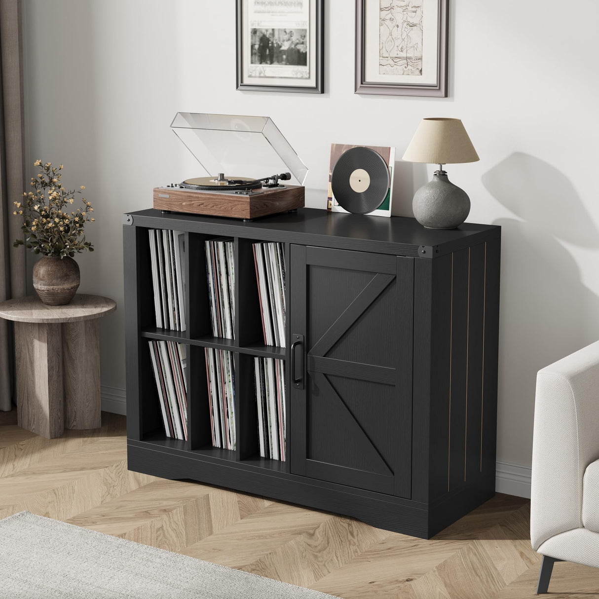 Record Player Stand with Vinyl Storage, Farmhouse Turntable Cabinet with Door, Vinyl Display Holder Shelves up to 750 Albums, Wooden Storage for Living Room, Black SLEKVERSA