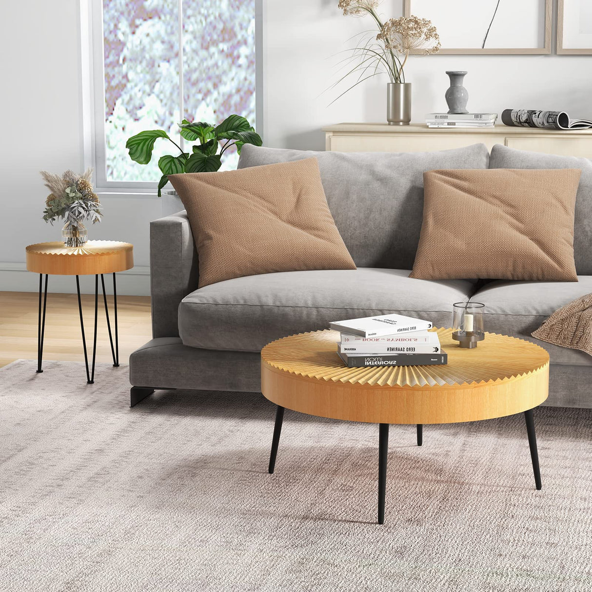 Giantex Boho Round Coffee Table Set of 2, Sofa Side Nesting Table with Solid Pine Wood Top, Metal Legs & Adjustable Foot Pads, 31.5" D Large Table Set for Living Room (Radial Pattern, Natural) Giantex