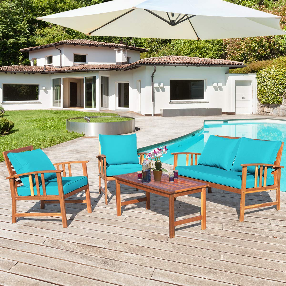 Tangkula 8 PCS Acacia Wood Patio Furniture Set, Outdoor Seating Chat Set w/Gray Cushions Back Pillow, Outdoor Conversation Set w/Coffee Table for Garden, Backyard, Poolside Tangkula