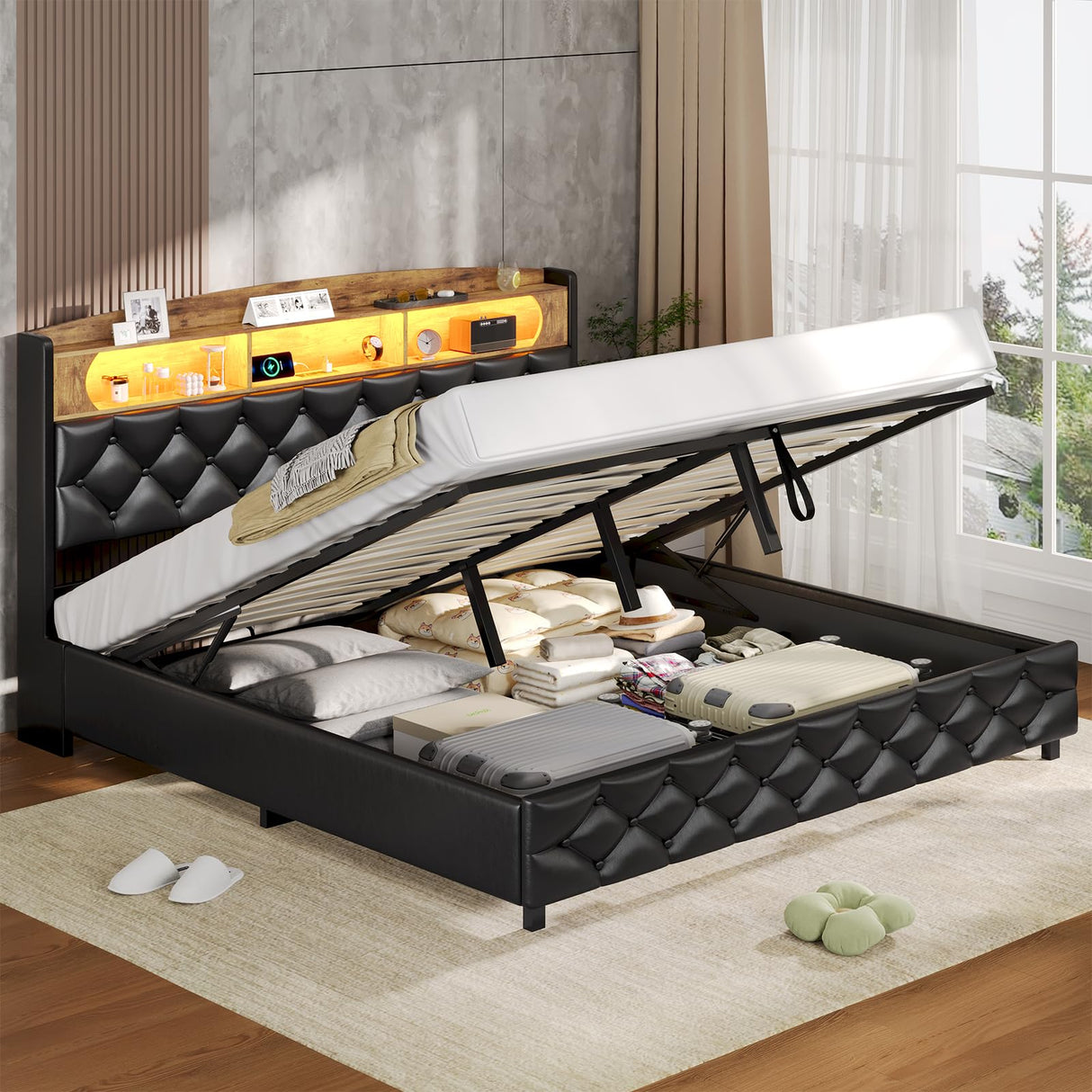 ADORNEVE Queen Bed Frame with LED Headboard, Hydraulic Lift Storage, and Built-in Charging Station in PU Black ADORNEVE