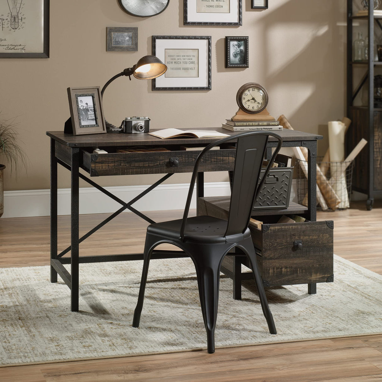 Sauder Steel River Desk, L: 47.48" x W: 23.47" x H: 29.53", Carbon Oak Finish Sauder