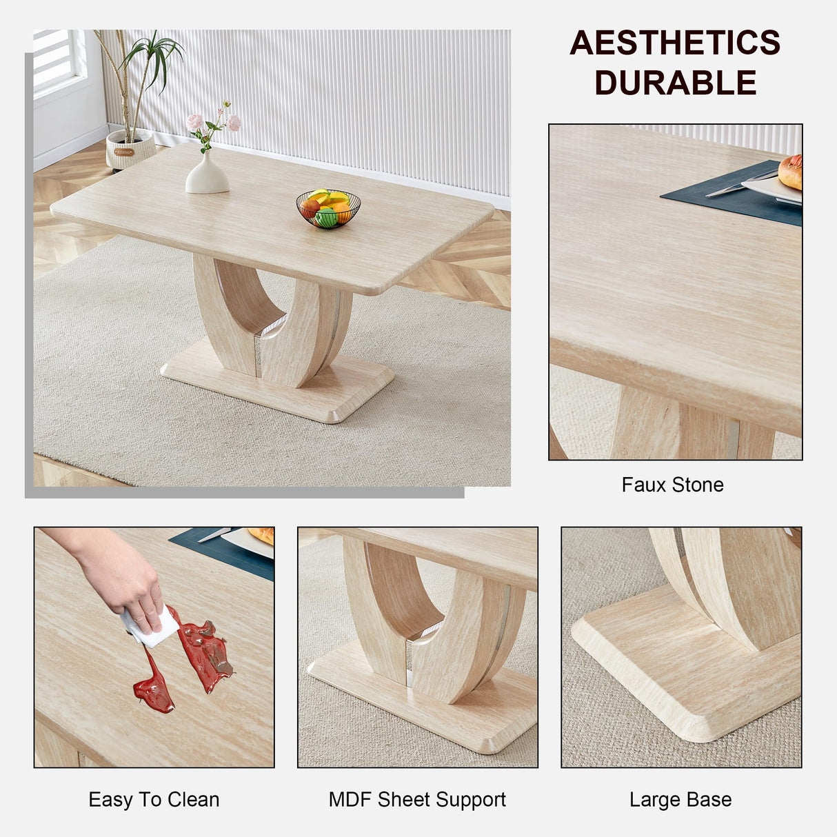 JUFU Modern Wooden Dining Table Set for 6,Rectangula Kitchen Table Set with Faux Marble Tabletop&6 Pu Leather Upholstered Chairs Ideal for Dining Room, Kitchen JUFU