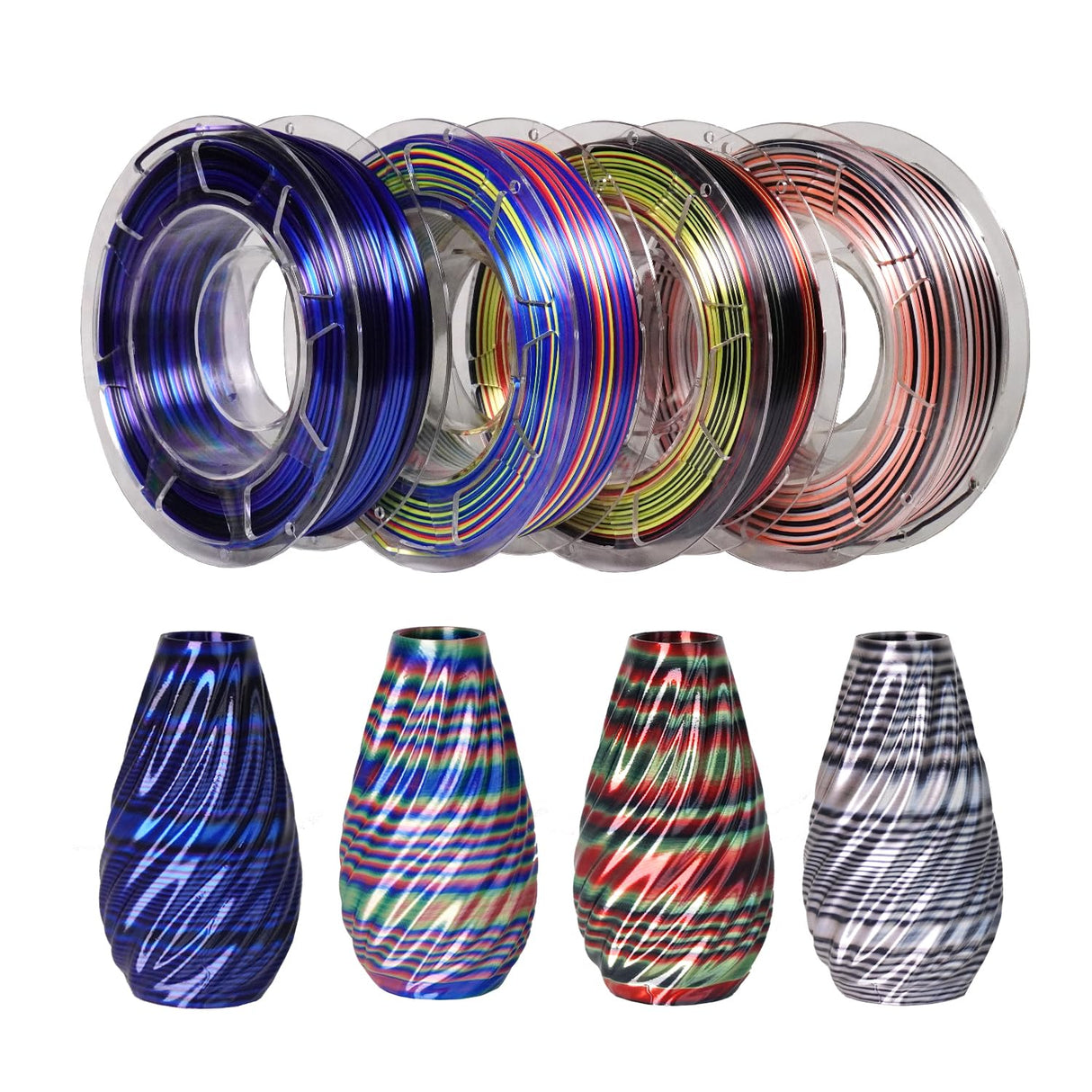 GolGeo 1.75mm Silk 3D Printing Filament Bundle, for Most of FDM Printer,Fast Color Change, (Rainbow S Series - Black&Red&Yellow/Black&Blue&Purple/Pink&White&Black/Red&Yellow&Blue, 4 x 200g) GolGeo
