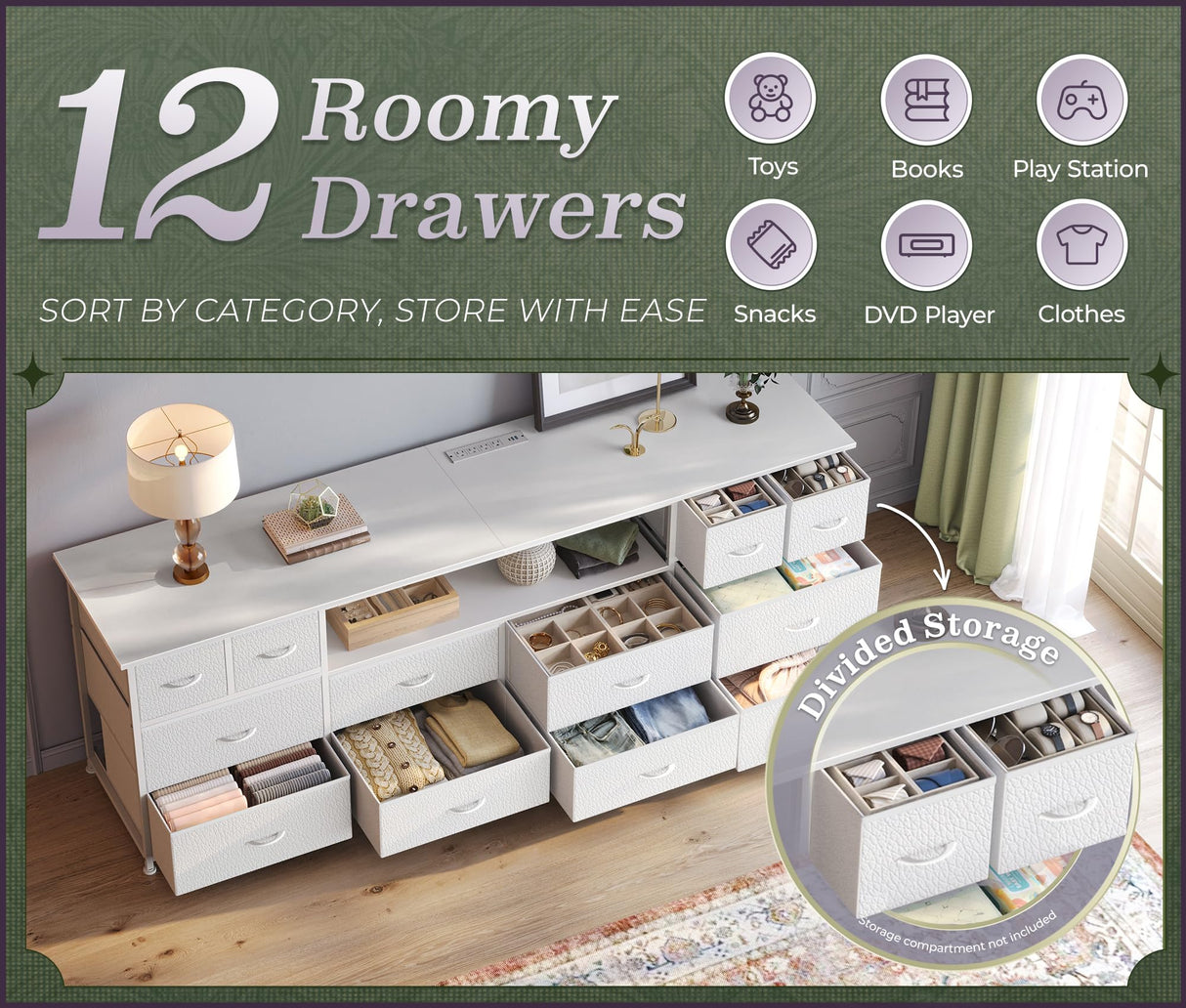 Huuger 63 Inch Dresser TV Stand with LED Lights, Power Outlets and USB-C Port, 12 Fabric Drawer Dresser for Bedroom, Wide Entertainment Center for 65, 70 Inch TV, Media Console, Open Shelf, White Huuger