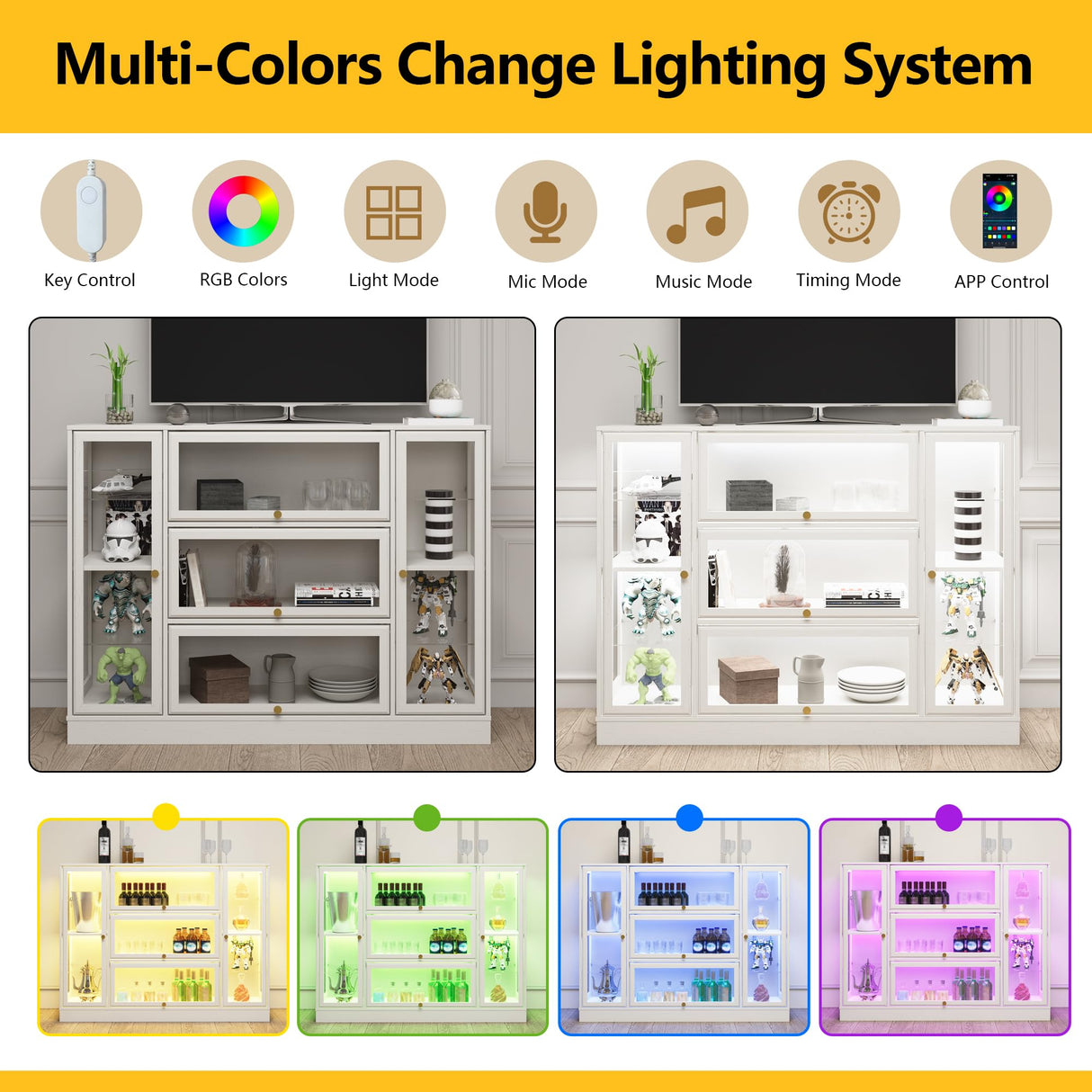 BONITURE Display Cabinet with Acrylic Glass Doors,Extra Wide Curio Cabinet with LED Lighting for Collectibles, Collectibles Toy Organizers Rack & Display Shelf Display Case, Antique White BONITURE
