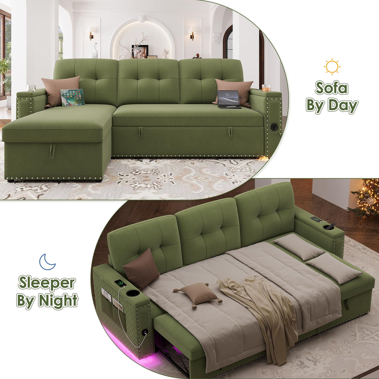 HIFIT Sleeper Sofa Bed- 87" L Shaped Pull Out Couches for Living Room with Storage Chaise, Storage Armrest, LED Light&USB Port&Cupholder, Modern Velvet Sectional Home Sofa Living Room Furniture, Green HIFIT
