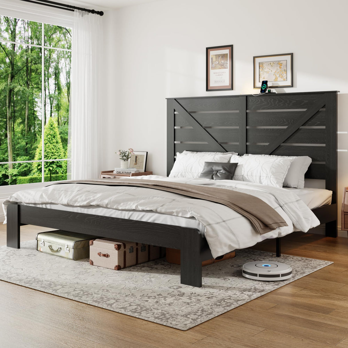 PAUKIN King Size Wooden Bed Frame with Headboard, Rustic Farmhouse Platform Bedframe with Metal Slat Support, Under Bed Storage Space, Easy Assembly, Noisy Free (Black, King) PAUKIN