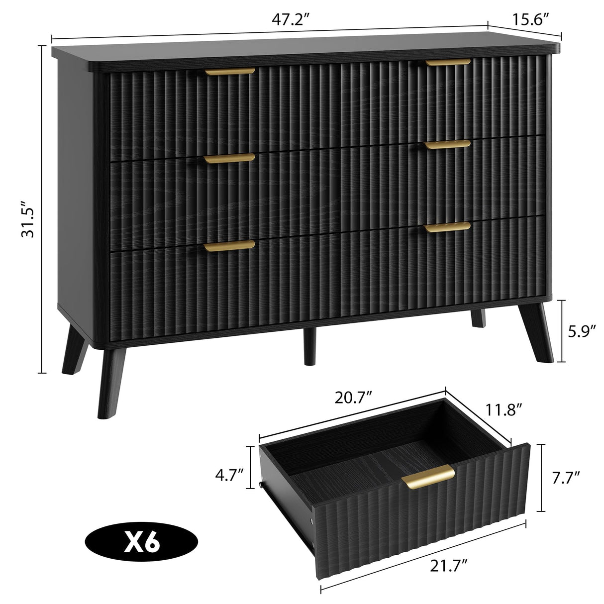 Garvee 6 Drawers Dresser for Bedroom, 47.2" Wide Dressers with Curved Profile Design, Fluted Wood Drawers with Gold Handle, Modern Chest of Dressers with Thickened Design for Living Room, Black Garvee