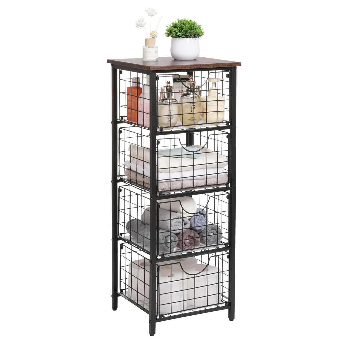 DINGTAI 5-Tier FreeStanding Storage Shelves with 4 Pull-Out Baskets,Bathroom Organizer Shelves Unit with WoodTop,Fruit Basket for Kitchen,Storage Tower Organizer Basket Cart for Bathroom,Black DINGTAI