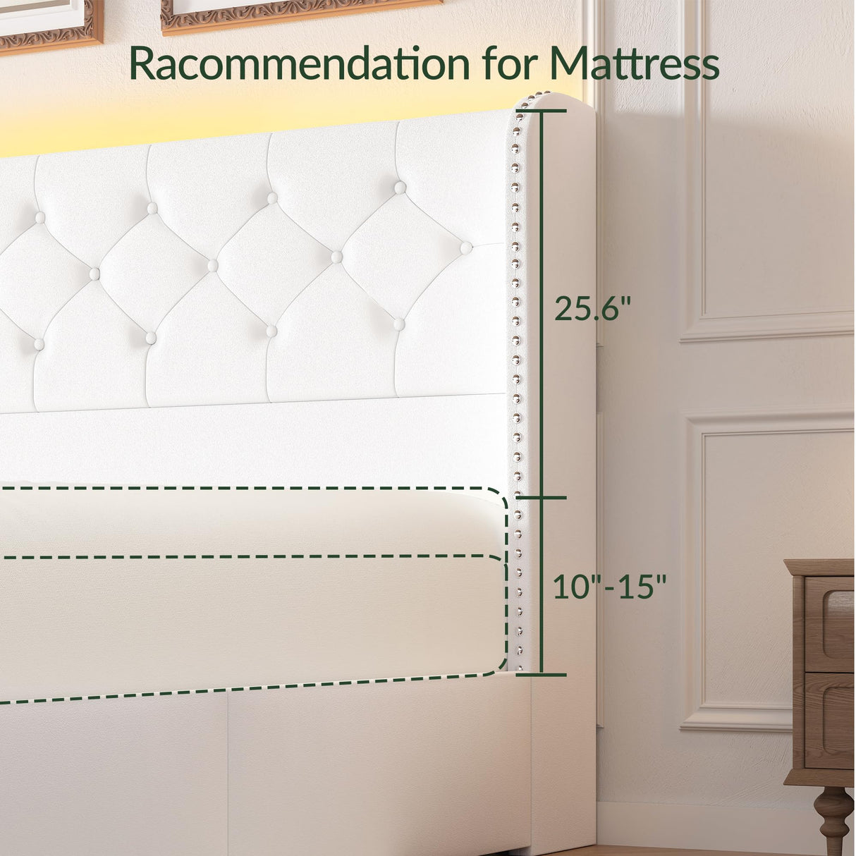 LARMACE Queen Size Bed Frame with Storage Drawers and Tufted Headboard Velvet Upholstered Platform Bed Frame with LED Light Wingback Beds with Wooden Slats Support, Easy Assembly, White LARMACE