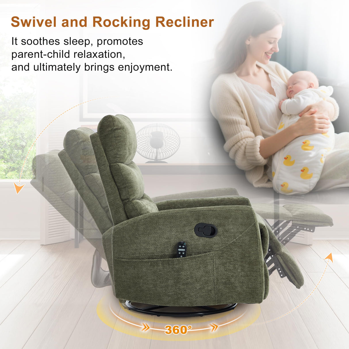 Manual Swivel Rocker Recliner Chair with Vibration Massage, Overstuffed Glider Chair with Lumbar Heat for Nursery, Living Room Reclining Sofa Chair, Chenille Fabric Green Luxlen