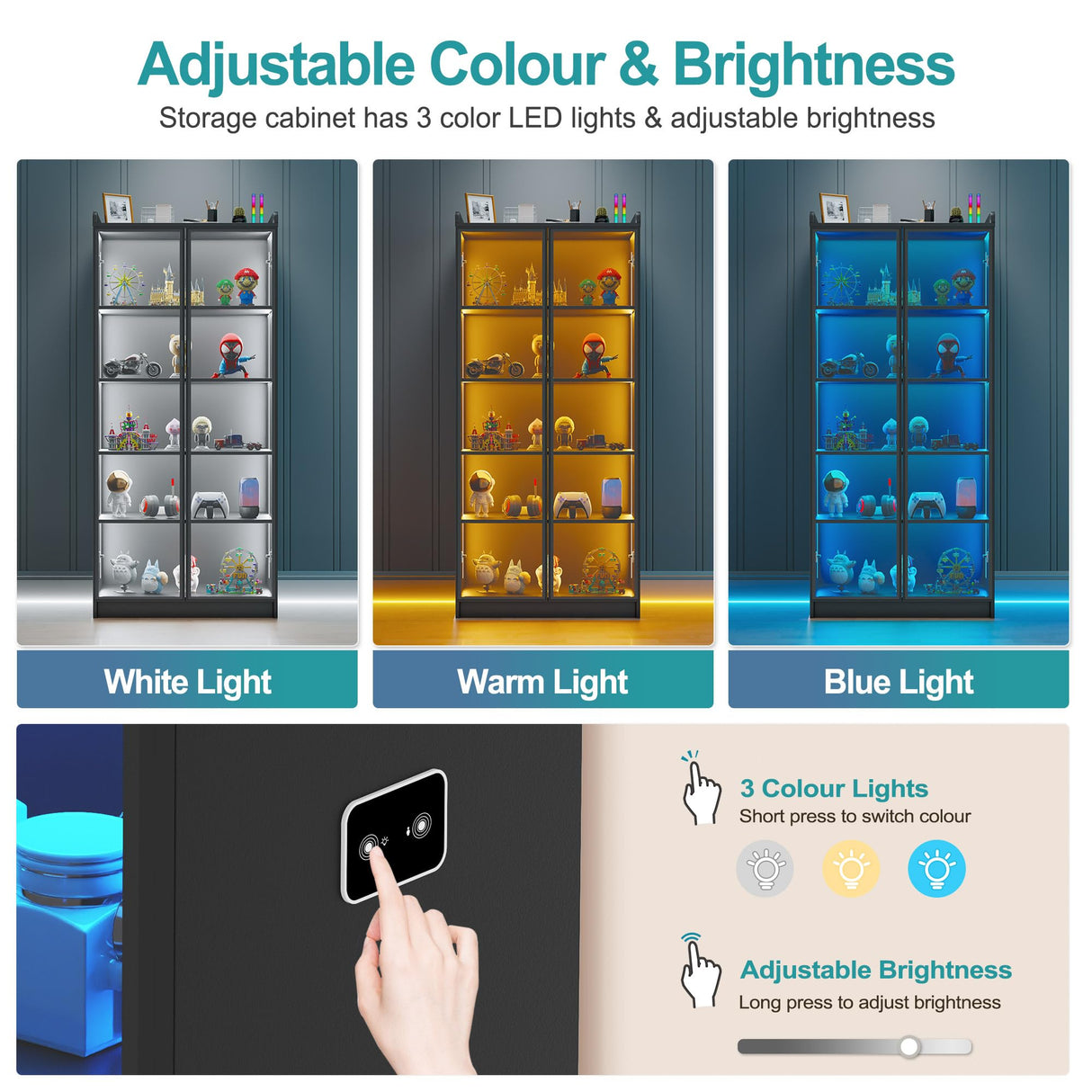 Lvifur Tall Storage Cabinet up to 70", LED Living Room Curio Cabinet with Human Body Induction, 5 Tier Bookcase Display Cabinet with Adjustable Shelves for Office (Black) Lvifur