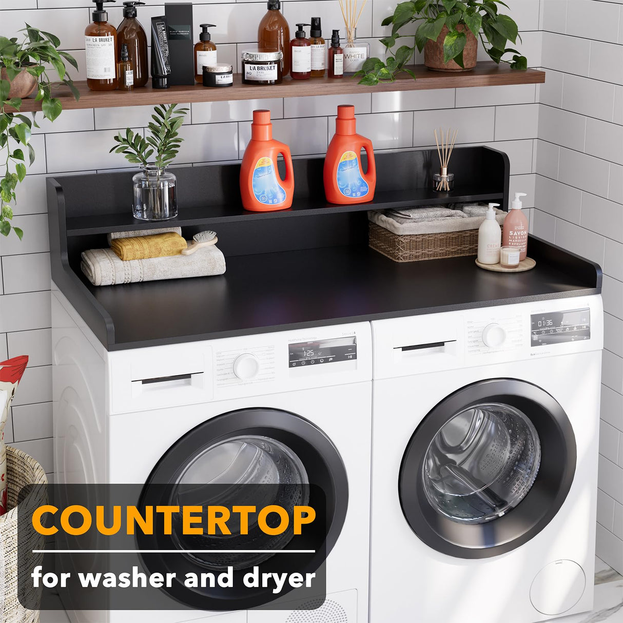 SpaceAid Washer Dryer Countertop with 2-Tier Shelf, Wood Topper with Edge, 54" Width x 27.5" Depth Cover Organizer Guard for Washer and Dryer Counter Laundry Hamper Storage (Black) SpaceAid