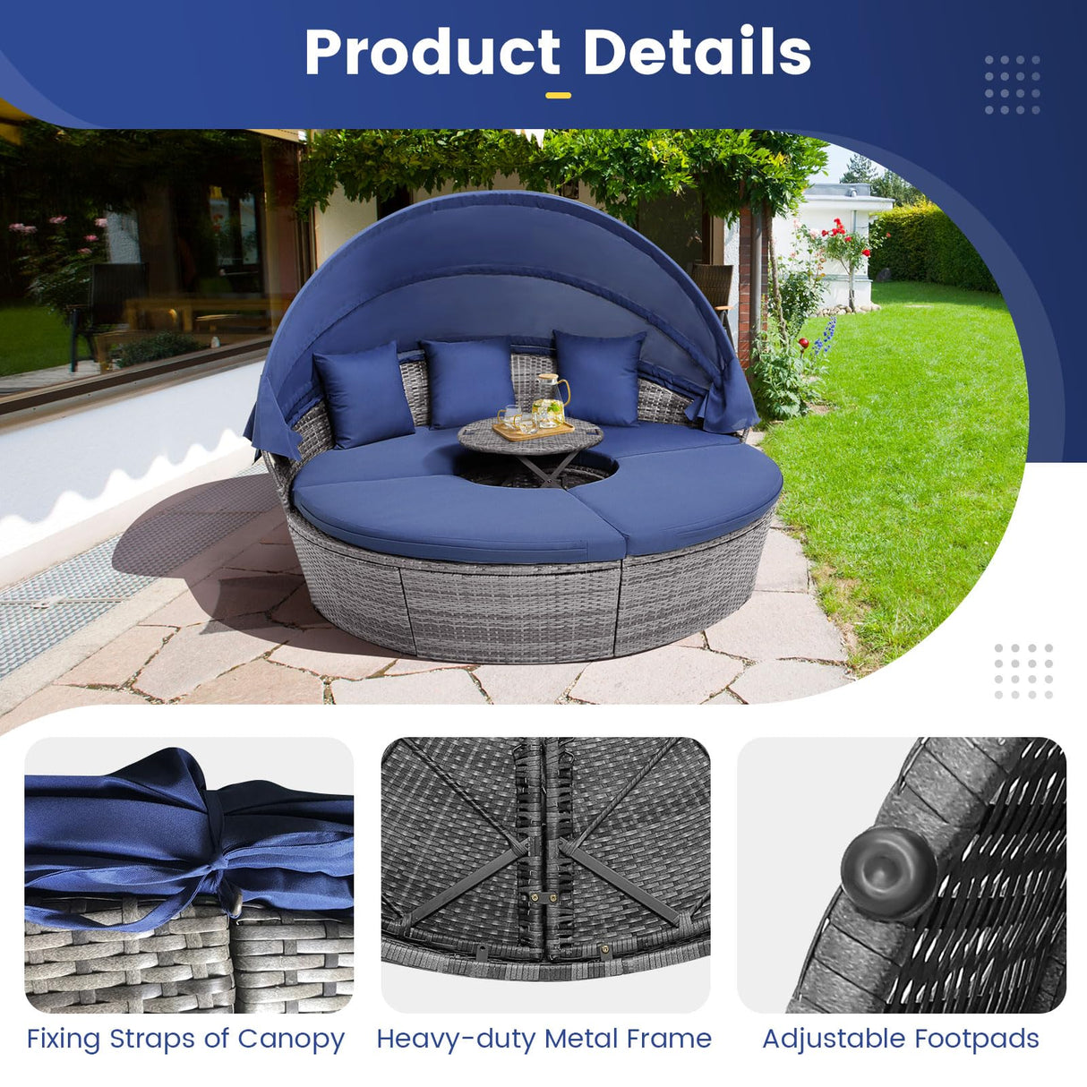 RELAX4LIFE Round Outdoor Daybed with Canopy, Rattan Wicker Sectional Sofa Set w/Cushions, Height Adjustable Table, Conversation Bed Lounger Separated Seating for Outside Pool, Patio Daybed (Navy) RELAX4LIFE