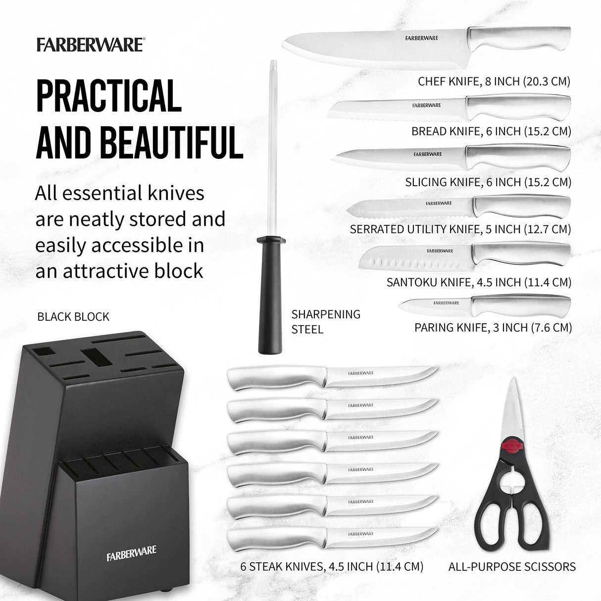 Farberware 15-Piece High-Carbon Stamped Stainless Steel Kitchen Knife Set with Wood Block, Steak Knives, Razor-Sharp, Black, Ultra-Sharp Blades, Ergonomic Comfort Grip Farberware