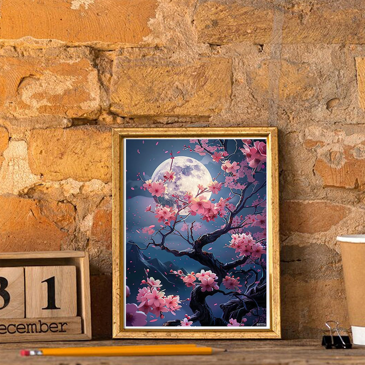 BRTITA Moon Cherry Blossom Landscape Diamond Painting Diamond Art Kits for Adults, Full Round Gemstone Crystal Cross Stitch Kit, for Wall Decor Gifts 12x16in / 30x40cm BRTITA