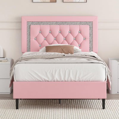 BarnFurin Twin Bed Frame with Tufted Button Headboard, Upholstered Platform Bed Frame with Diamond Design, Wood Slat Support, No Box Spring Needed, Easy Assembly, Pink