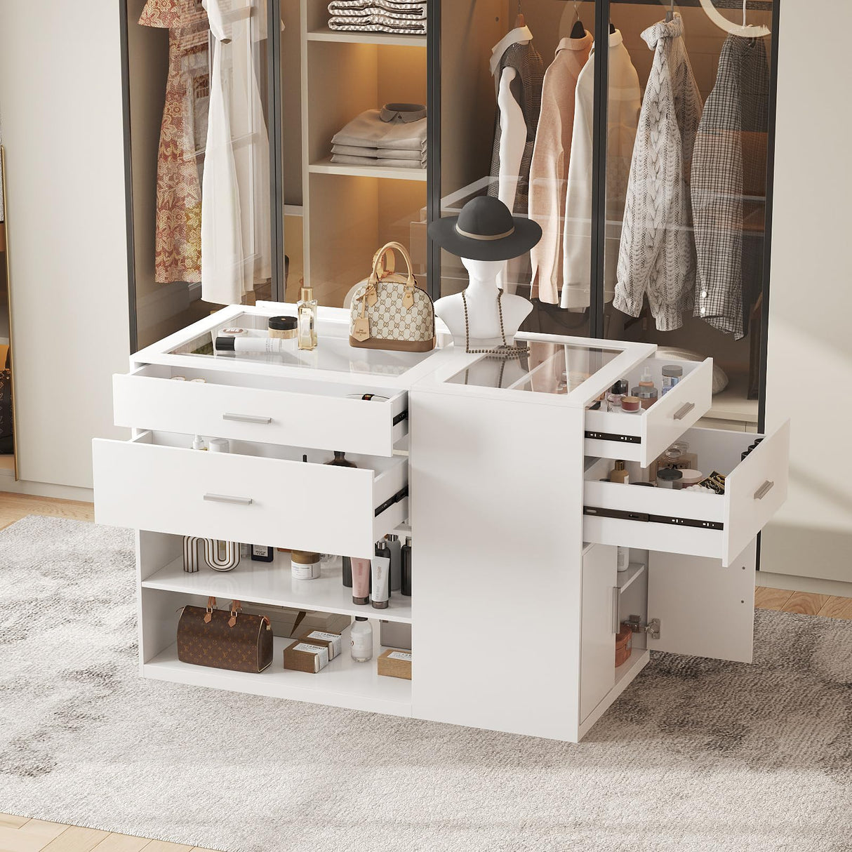 Maupvit Armoire Bedroom Closet Island with Glass Top, White Wardrobe Closet Island with 6 Drawers, Island Dresser with Display Shelf & Storage Cabinet, Walk in Closet Island for Bedroom Maupvit