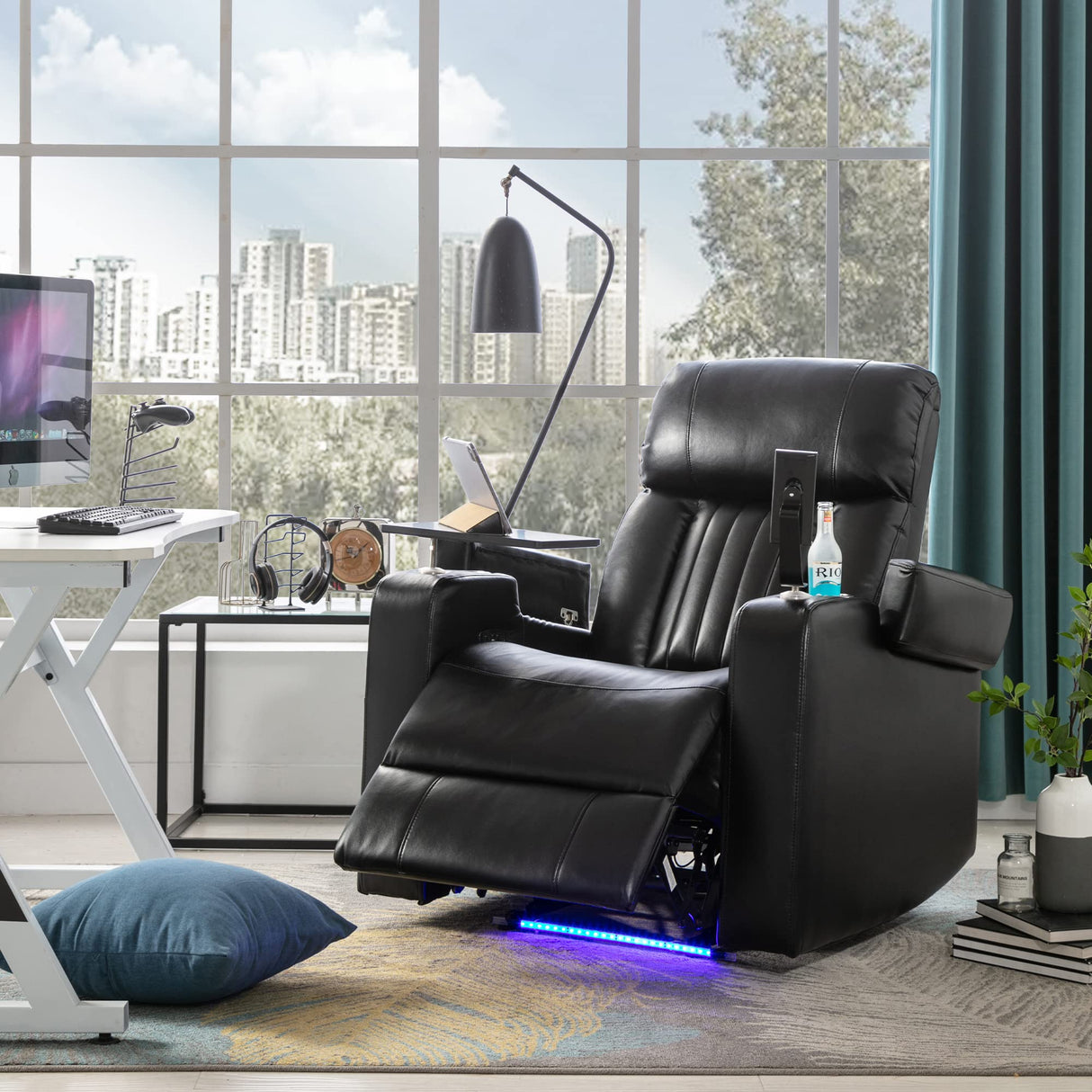 Electric Recliner Chair with USB Charge Port, 360 Swivel Tray Table, Hand in-Arm Storage,2 Cup Holders, Ambient Lighting and Metal Cell Phone Stand- Gaming Recliner Chair Home Theater Seating (Black) Merax