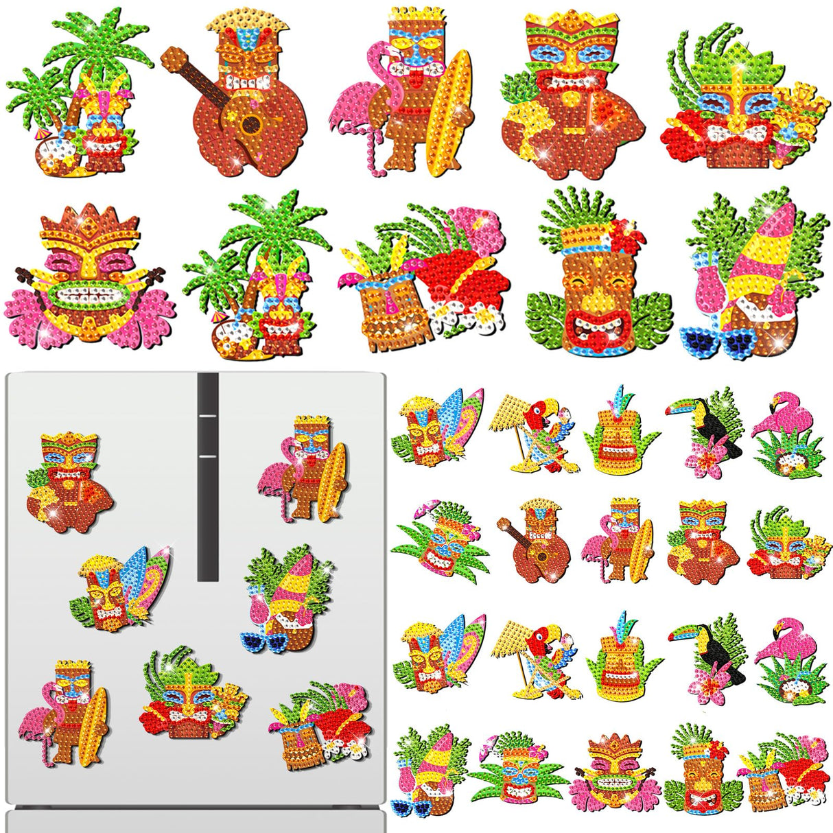 Kingdder 30 Pcs Hawaii Diamond Painting Magnets Kits Tiki Diamond Painting Art Refrigerator with Completed Tools for Summer DIY Craft Project, Party Favor, Fridge Locker Decor Kingdder