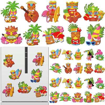 Kingdder 30 Pcs Hawaii Diamond Painting Magnets Kits Tiki Diamond Painting Art Refrigerator with Completed Tools for Summer DIY Craft Project, Party Favor, Fridge Locker Decor