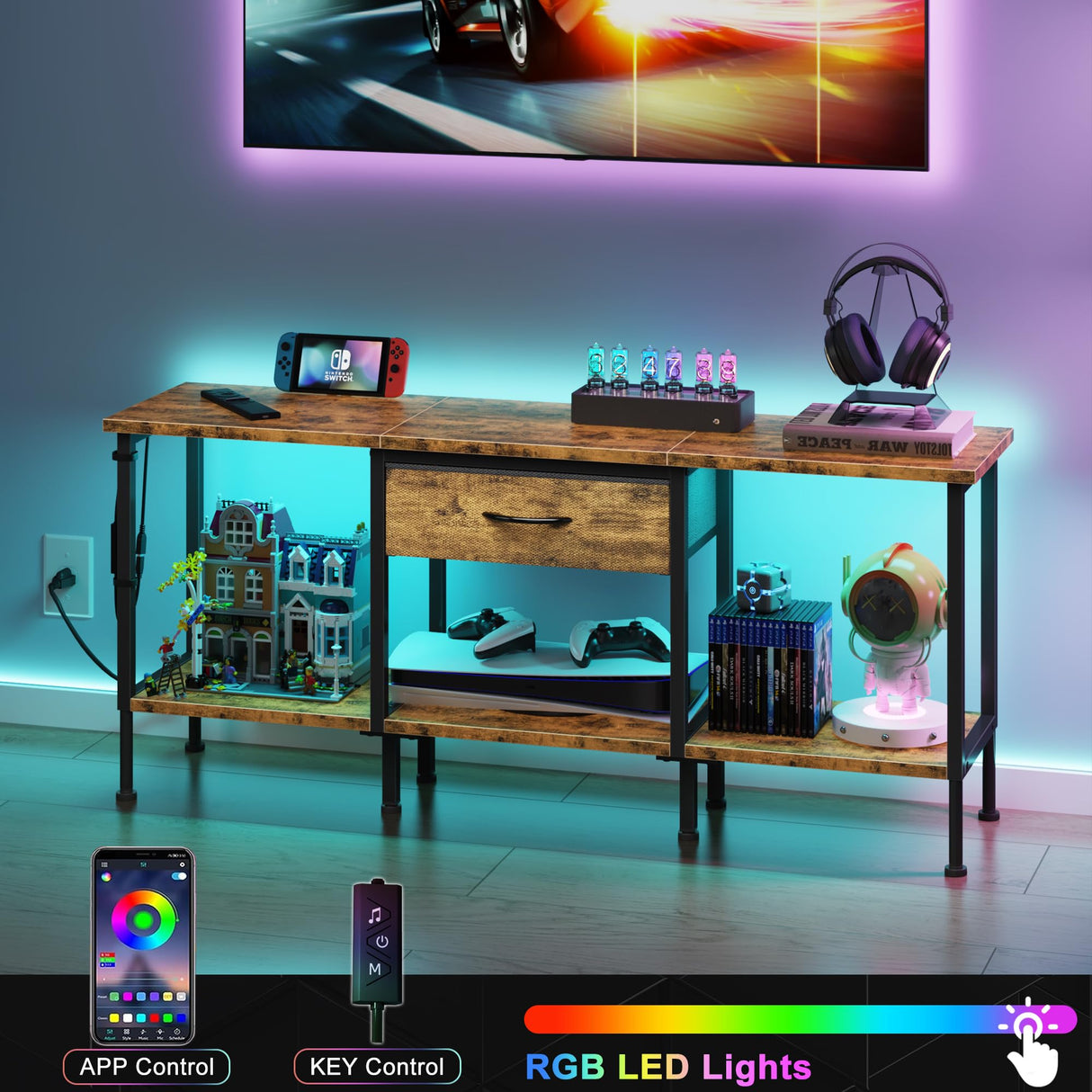 GYIIYUO LED TV Stand with Power Outlet and Fabric Drawer for 55 50 45 Inches TV - Entertainment Center and Industrial TV Console Table for Living Room, Bedroom- 47" Rustic Brown GYIIYUO