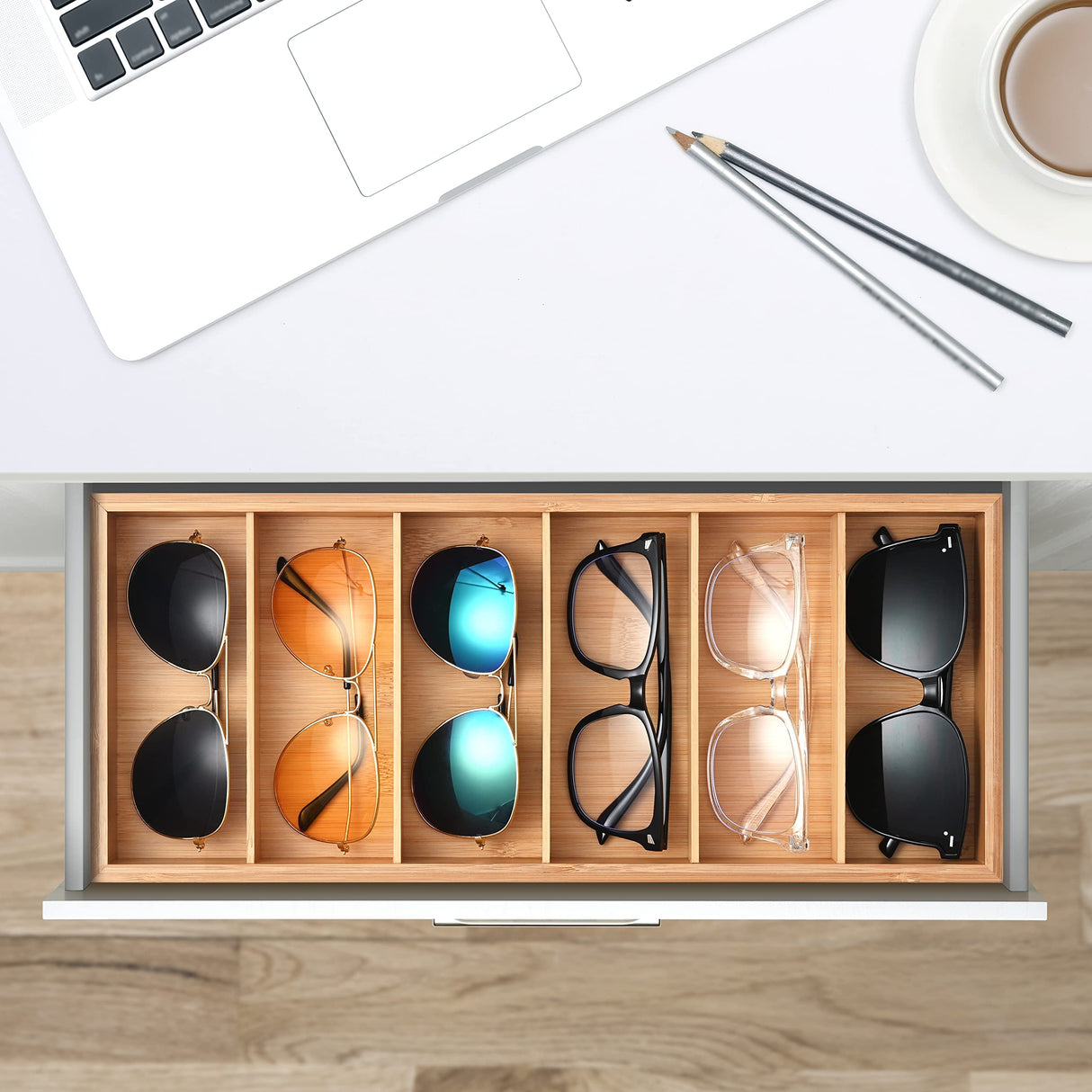 Lunavita 6-Slot Sunglasses Organizer Tray, Sunglasses Storage Case, Eyeglass Display Eyewear Display Box,Jewelery Display Organizer Tray, Natural Bamboo Lunavita