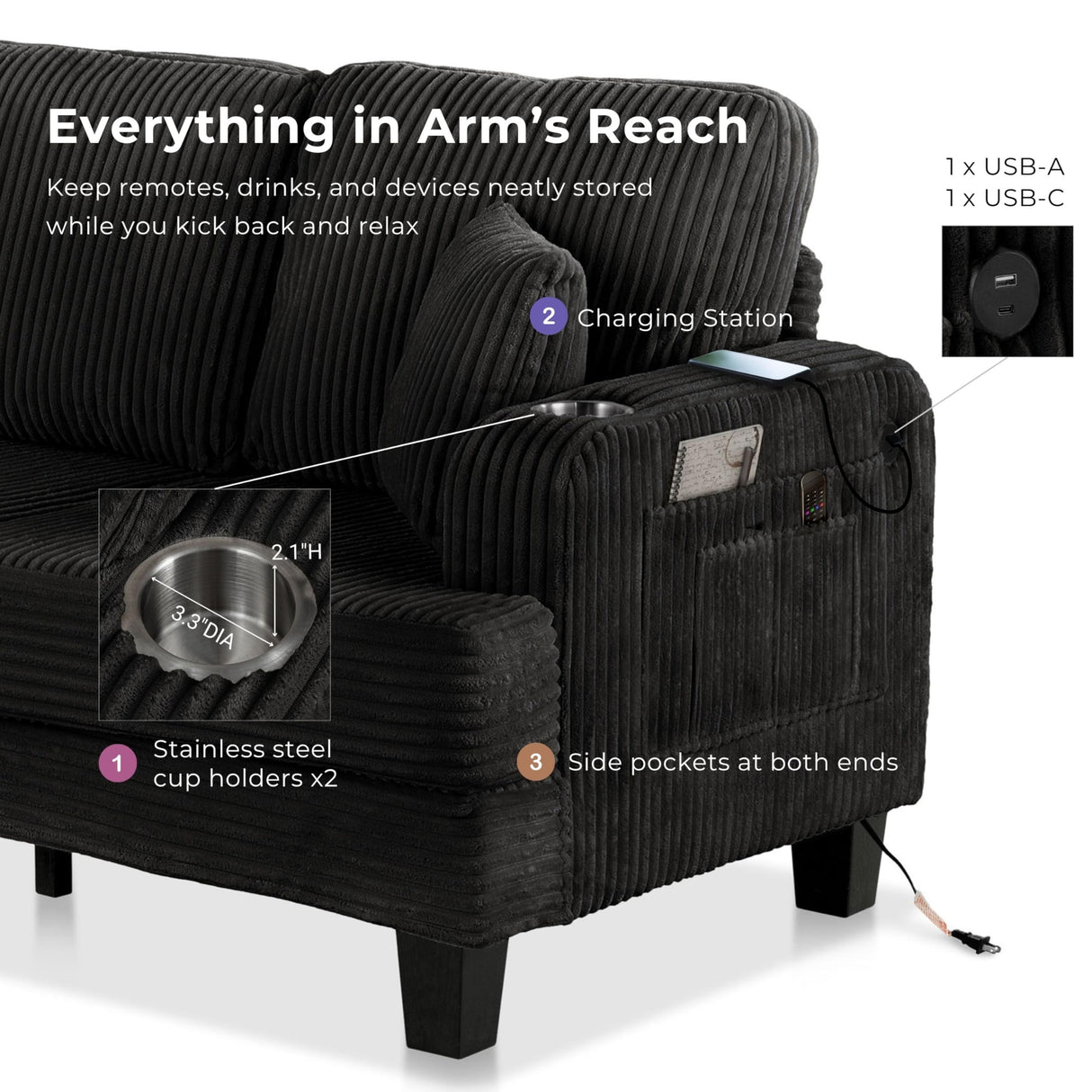HOMES: Inside + Out Reese Modern Plush Chenille Couch with Side Pockets, Cup Holders and USB Ports, Wooden Comfortable Sofa for Living Room, Bedroom and Office, Black HOMES: INSIDE + OUT