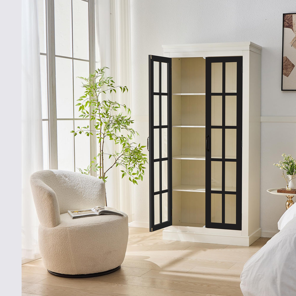 Ball & Cast 71.2" Tall Display Cabinet W/Glass Doors,Curio Cabinet W/Adjustable Shelves&Fixed Shelves for Collectibles,Trophies,Farmhouse Style Cabinets for Hallways,Living Room,Bedroom,White&Black Ball & Cast