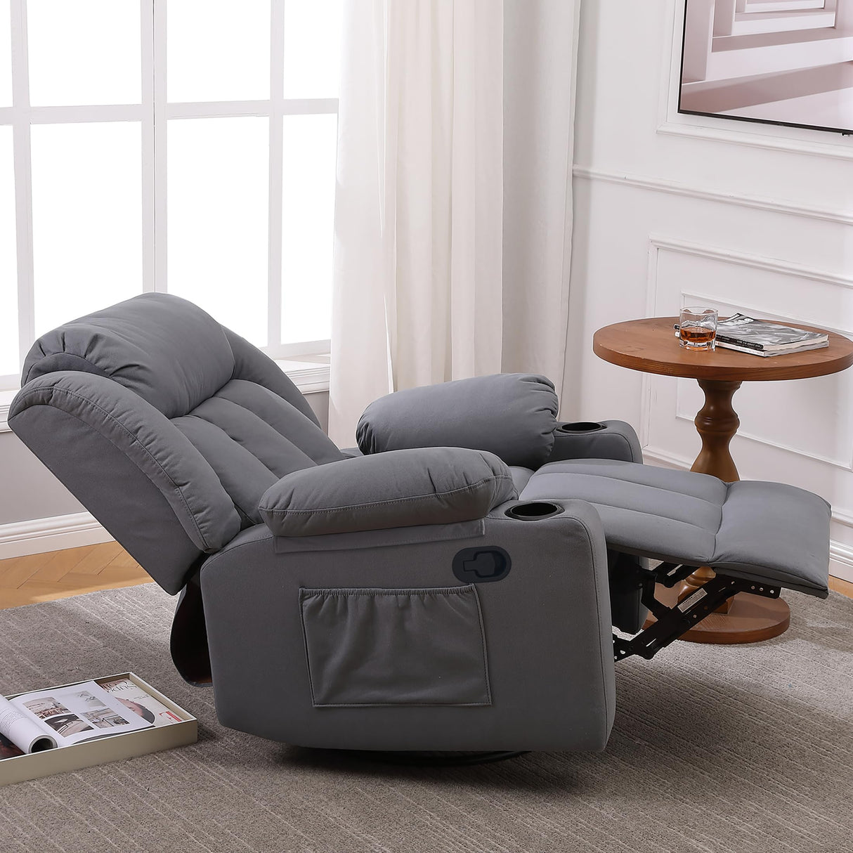 Ketaiyou Rocker Swivel Recliner Chair for Adults, Overstuffed Large Manual Recliner Glider with Massage and Heat, Comfy Soft Fabric Living Room Reclining Sofa Chair(Technical Grey) Ketaiyou