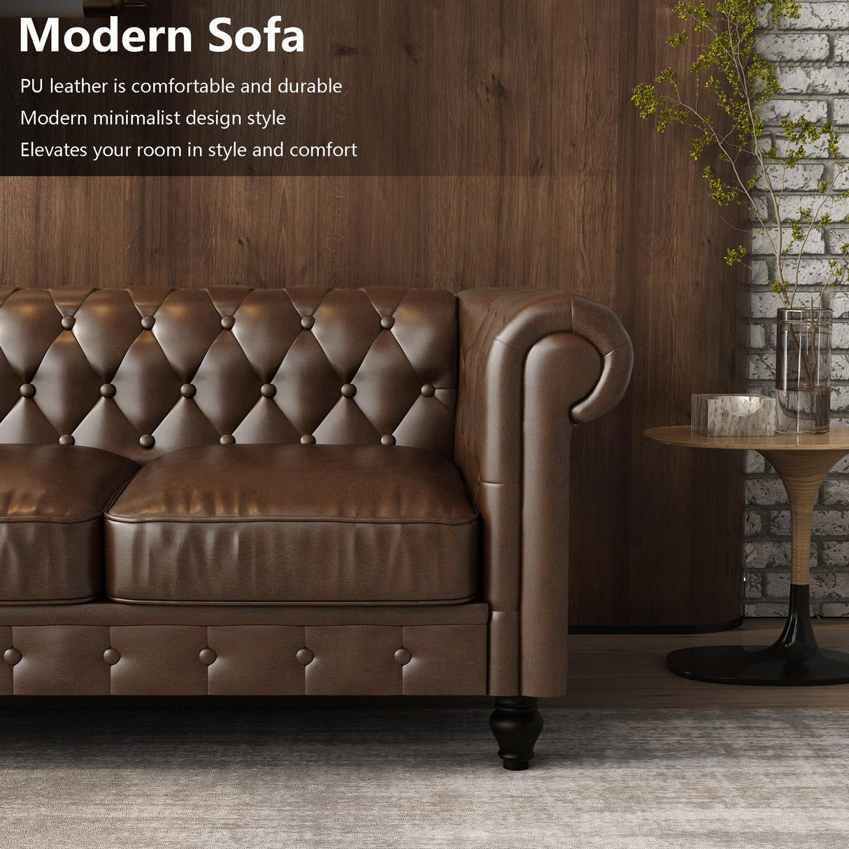 LaiBiKe Leather Brown Sofa for Living Room Chesterfield 3 Seater Couch Sofa Comfortable Soft Sturdy Durable Furniture for Office Bedroom Apartment Hotel Place (03-Brown-80) LaiBiKe