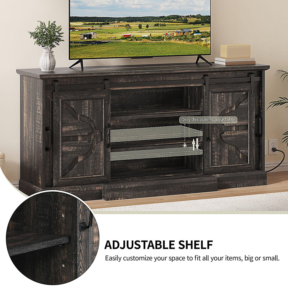 YITAHOME TV Stands with Power Outlets for 70/65 Inch Television, Modern Farmhouse Entertainment Center TV Media Console with Barn Sliding Doors & Adjustable Shelf for Living Room, Dark Rustic Oak YITAHOME