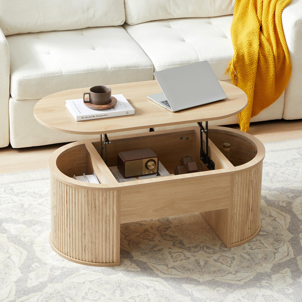 QHITTY Fluted Coffee Table with Lifting Top, Oval Wood Lift Top Coffee Table with Hidden Compartment, Mid Century Pull up Center Tables for Living Room, Office - Natural QHITTY
