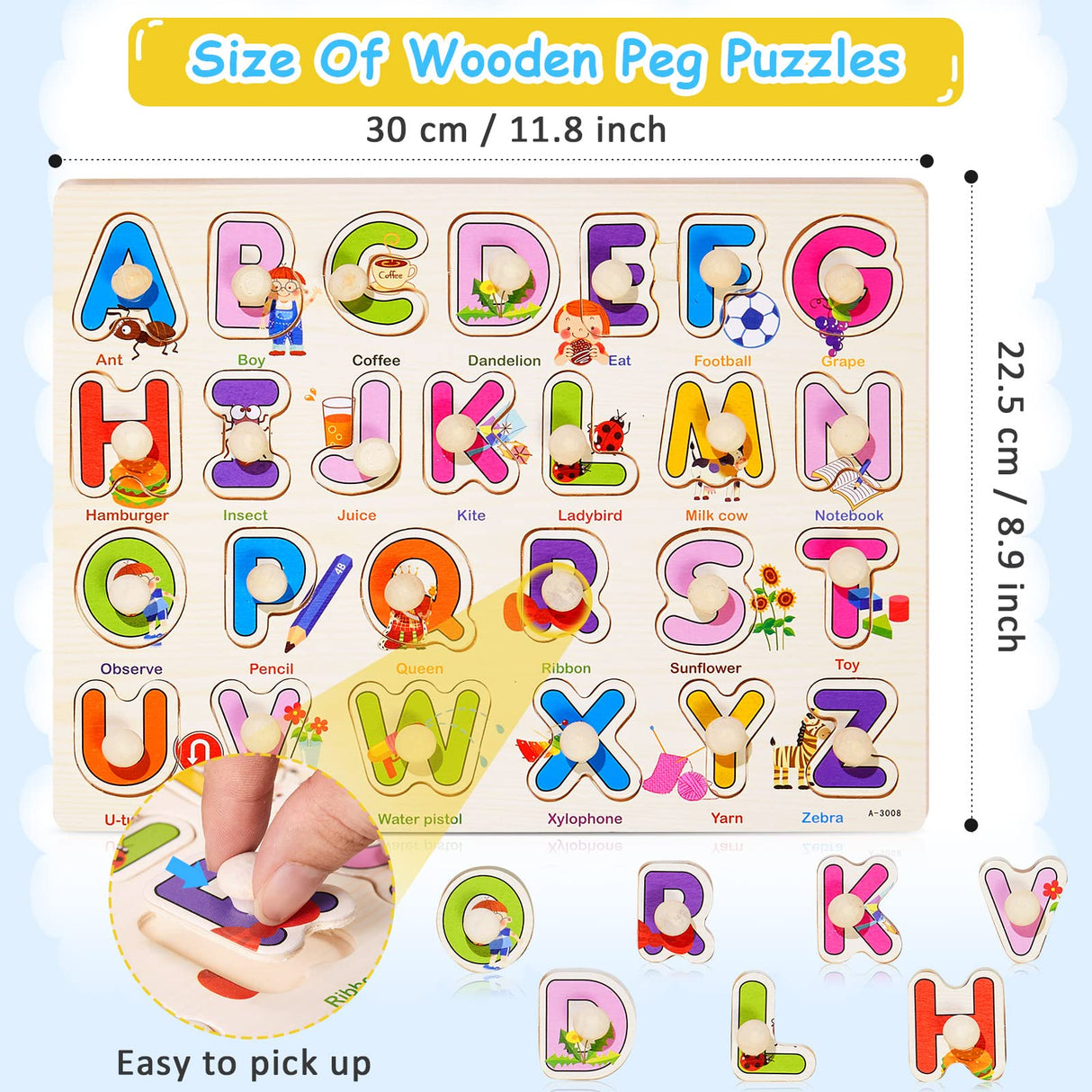 10 Pack Wooden Peg Puzzles for Toddlers Toddler Puzzle Jigsaw Learning Puzzles for Kids Wood Knob Puzzle with Alphabet Number Animal Vehicle Shape Chivao