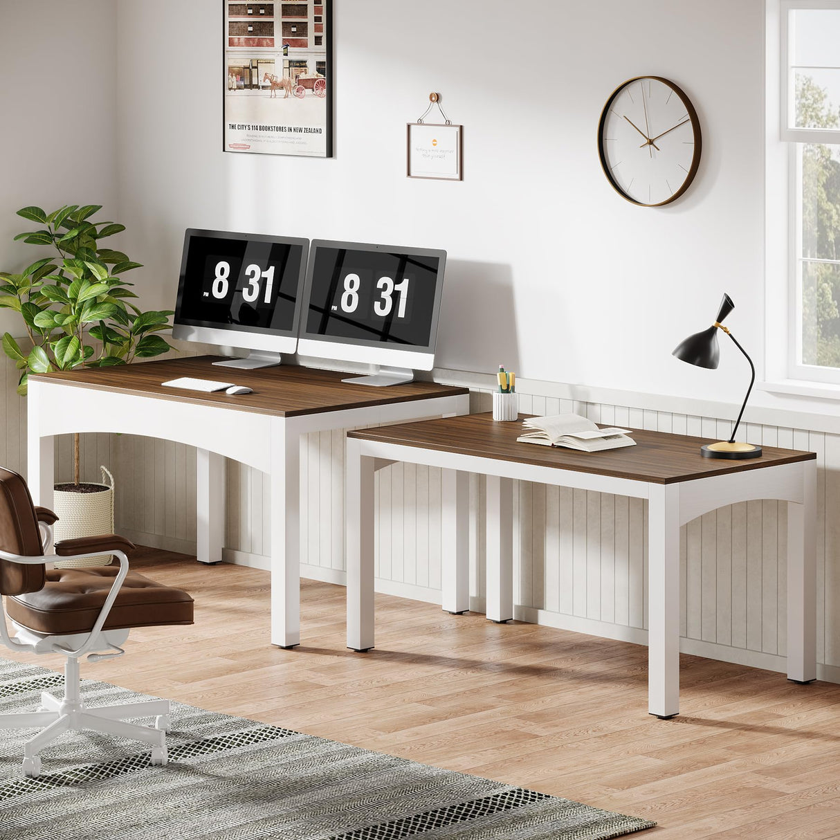 Tribesigns 94.5” Two Person Desk, Extendable Long Double Desk for 2 Person, Modern Computer Desk Study Writing Table for Office, Brown & White Tribesigns