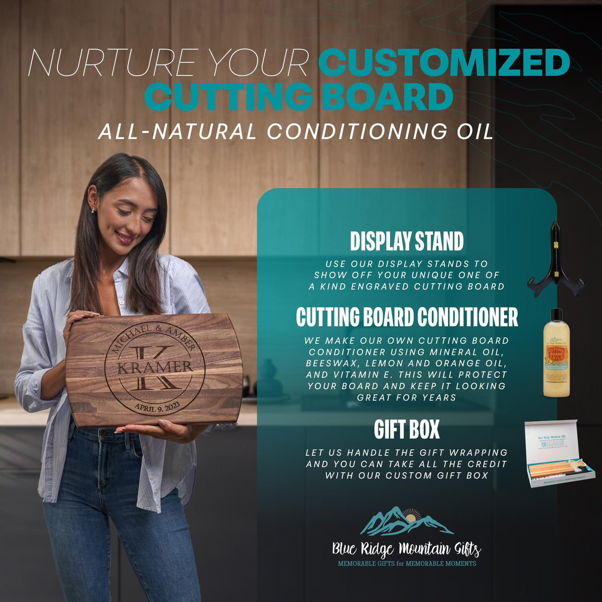 Blue Ridge Mountain Gifts Personalized Wood Cutting Board with Gift Box, Stand, and Oil Included Laser Engraved Anniversary or Wedding Gift Couples Housewarming Present Blue Ridge Mountain Gifts
