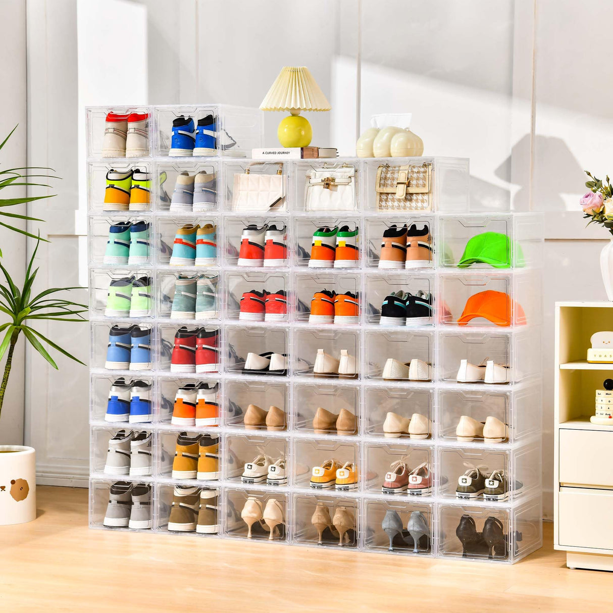 12 Pack Thicken & Sturdy Clear Shoe Storage Organizer with Magnetic Door, Shoe Boxes Clear Plastic Stackable for Closet, Shoe Rack for Sneaker Boot Container, Shoe Cabinet Fit up to US Size 12 Stebopum