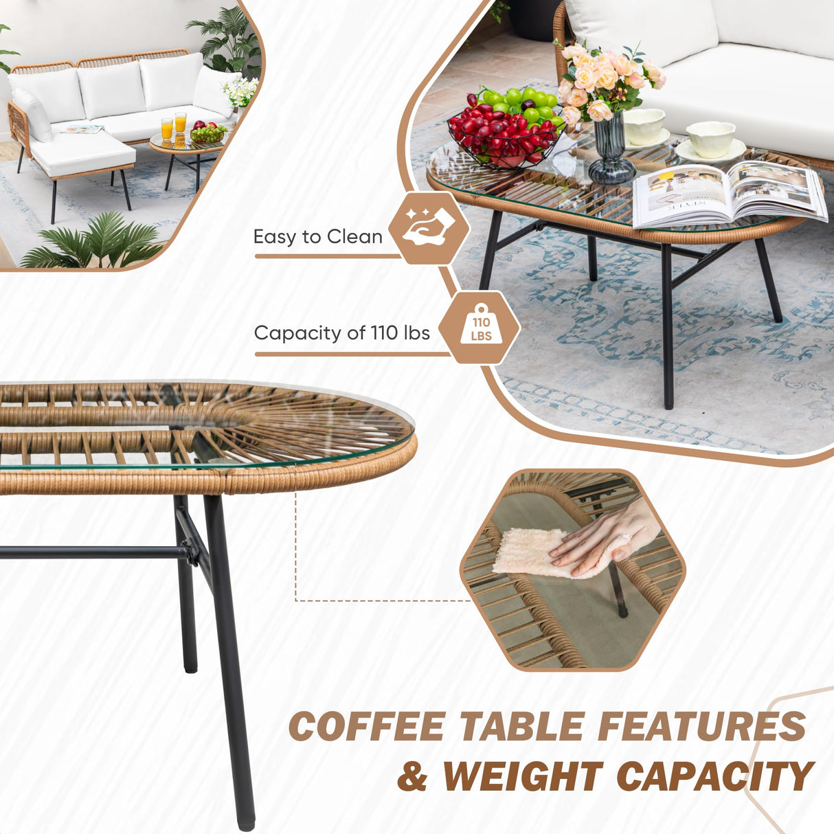 Greesum Outdoor Rope Woven Patio Furniture L-Shaped Conversation Sectional Sofa Set Detachable Lounger for Backyard Porch with Thick Cushions & Long Table, White Greesum