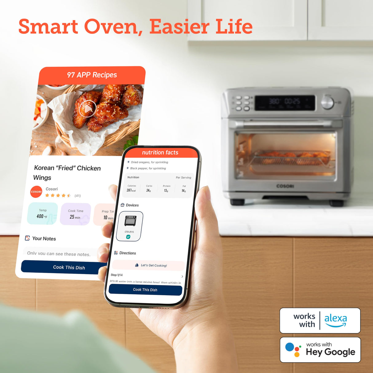 COSORI Smart 12-in-1 Air Fryer Toaster Oven Combo, Airfryer Convection Oven Countertop, Bake, Roast, Reheat, Broiler, Dehydrate, 75 Recipes & 3 Accessories, 26QT, Silver-Stainless Steel COSORI