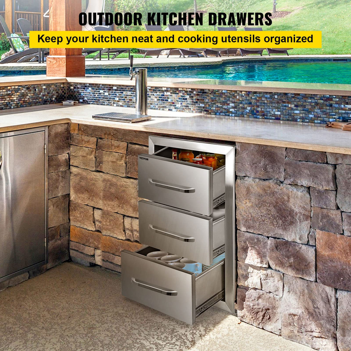 VEVOR Outdoor Kitchen Cabinets 16 W x 28.5 H x 20.5" D, BBQ Drawers Stainless Steel, Outdoor Kitchen Access Drawers with Handle, BBQ Island Drawers Flush Mount Triple Access, Patio Grill Station VEVOR