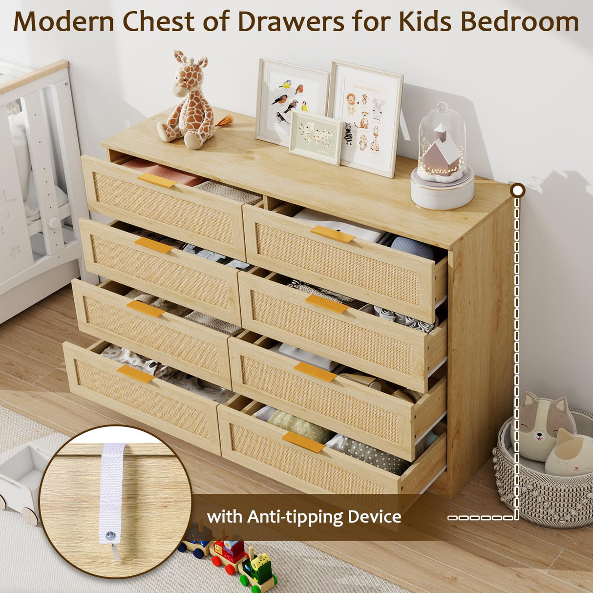 HOPUBUY 8 Drawer Dresser for Bedroom, Rattan Modern Closet Dressers Chest of Drawers, Boho Wood Double Wicker Dresser Storage Closet for Bedroom, Living Room, Entryway (Natural) HOPUBUY