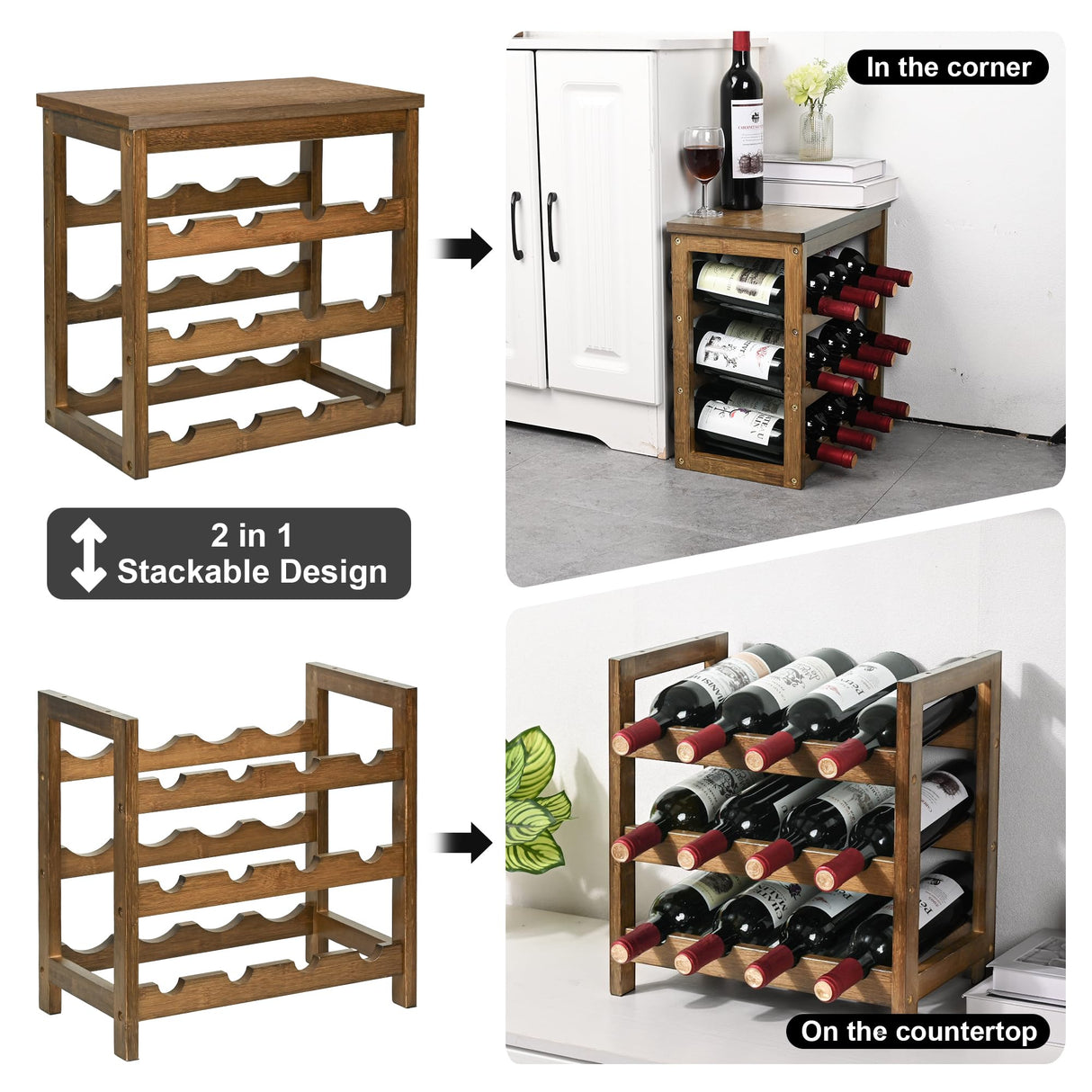 VASMIA Wine Rack Freestanding Floor, 6-Tier Display Wine Storage Shelves with Table Top, 24-Botttle Bamboo Wine Rack Shelf for Kitchen Bar Dining Room Living Room, Walnut VASMIA