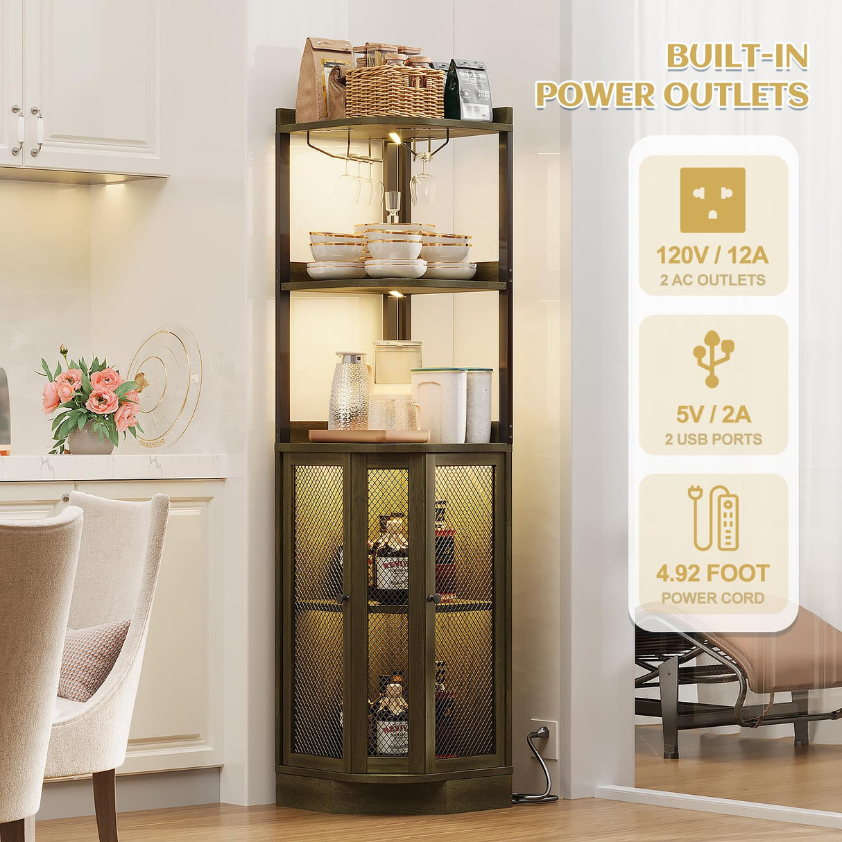 EOYUTLLY Corner Bar Cabinet with Power Outlet and LED Strip, 5-Tier Corner Liquor Wine Display Cabinet for Home, Storage Solution, for Living Room, Kitchen, Home, Gray EOYUTLLY