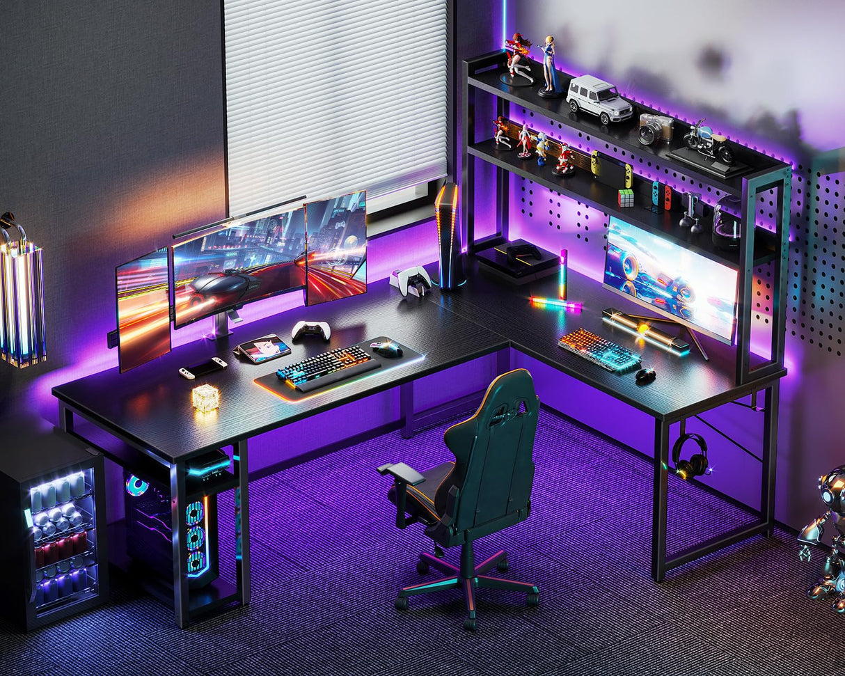 ODK L Shaped Gaming Desk with Hutch, Computer Desk with Storage Shelves, 66" L Shaped Desk for Home Office, Corner Desk with Headphone Hook, Black ODK