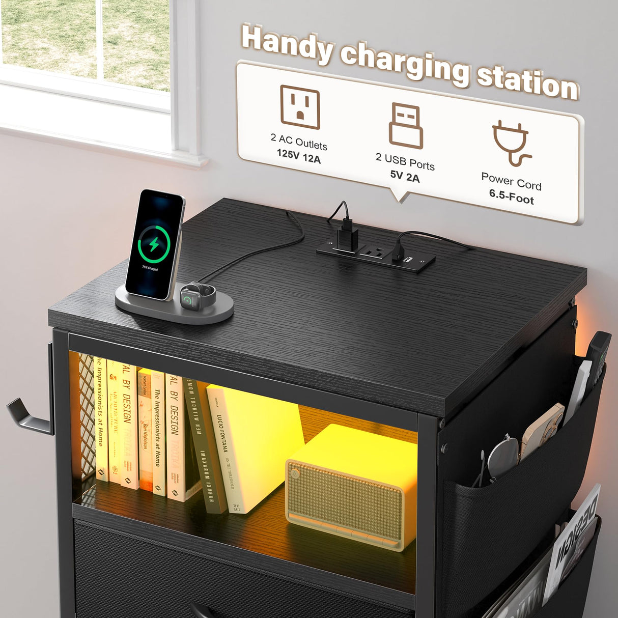 EnHomee Nightstand with Charging Station, Tall Night Stand with 5 Dresser Drawers, LED Nightstands with USB Ports & Outlets, Black Night Stand with Side Bag, Night Stands with Storage Shelf, Bedroom EnHomee