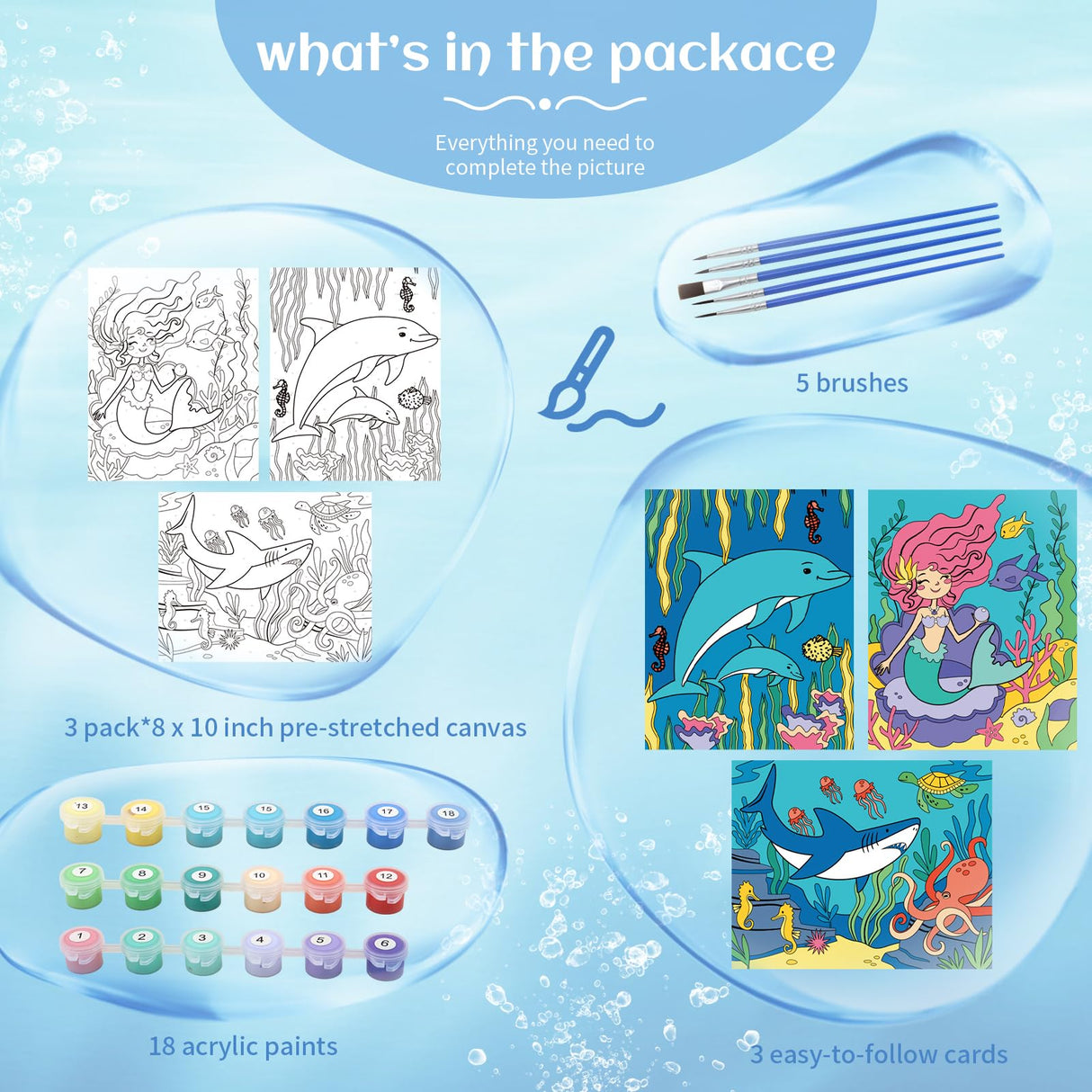 goldentime 3 Pack Kids Paint by Numbers Ages 4-8-12 Includes 8x10 inch Framed Canvas with 19 Acrylic Paints, 5 Brushes Fun and Easy Predrawn Canvas for Painting Kids goldentime