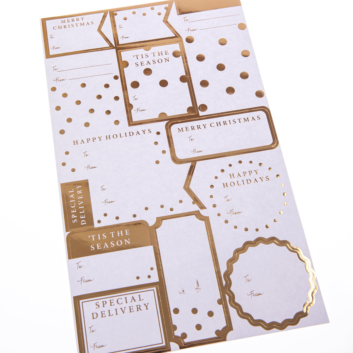 Graphique Shimmering White Gift Labels | 52 Self-Adhesive Christmas Stickers | 13 Designs with Gold Foil Accents | to and from Names | for Holiday Wrapping Paper & Gift Bags Graphique