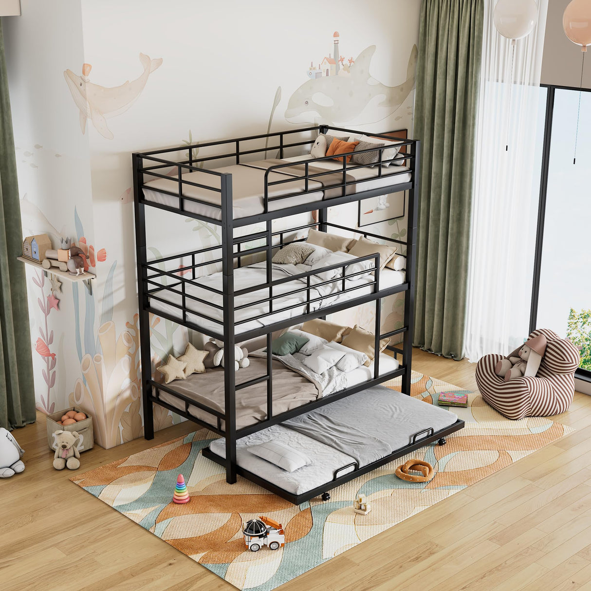 Triple Bunk Bed with Trundle Guardrail & Ladder Twin Size Metal, No Box Spring Needed, Easy Assemble Merax