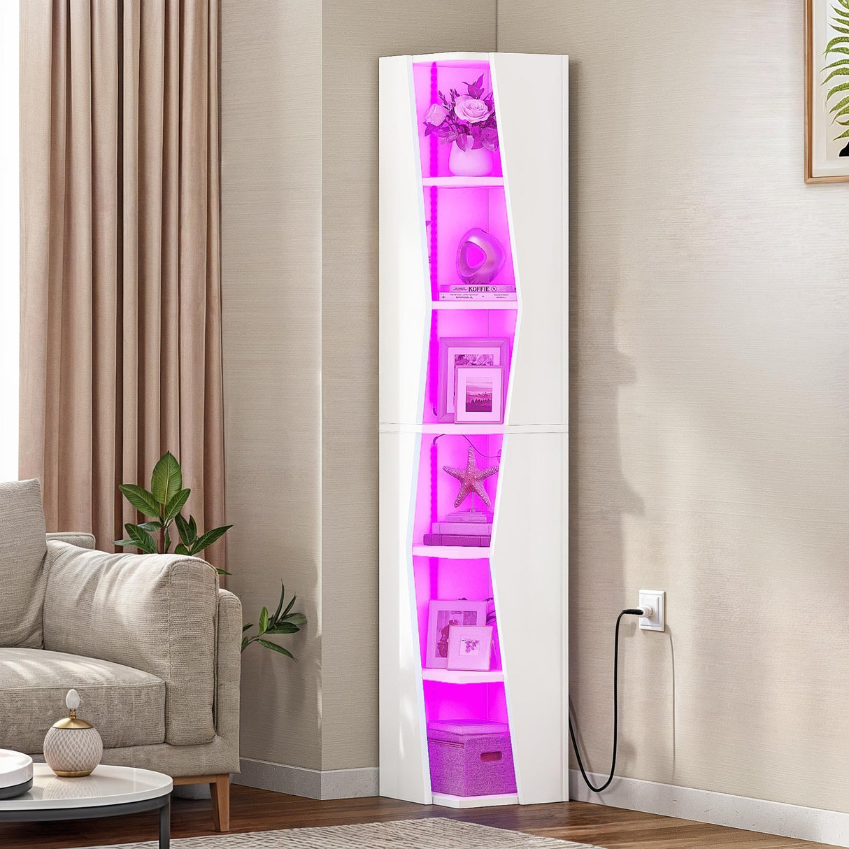 YITAHOME 71.45" Bookcase, 6 Shelves Corner Bookshelf with LED Light Modern, Tall Narrow Display Shelves, Wooden Free Standing Shelf, with Storage Organizer for Bedroom, Living Room, Home Office, White YITAHOME