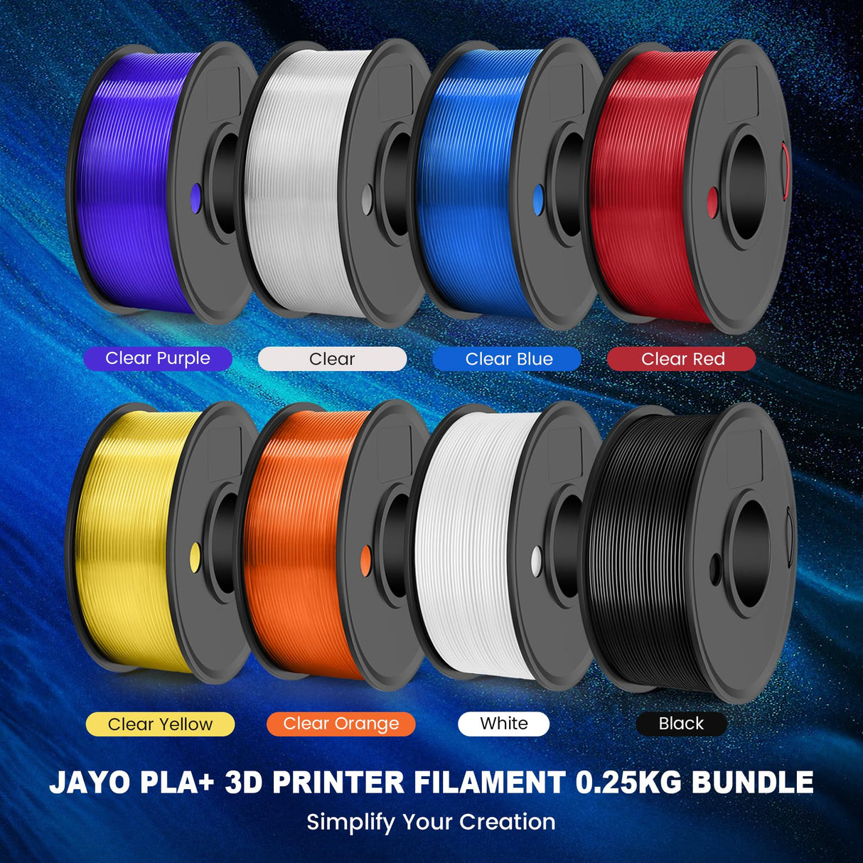 JAYO PLA+ Filament Bundle 1.75mm, 3D Printer Filament Bundle Multicolor, Individually Vacuum Packed, 250g Spool, 8 Pack, 2KG in Total, Black+White+Transparent+Clear(Blue+Red+Orange+Yellow+Purple) JAYO